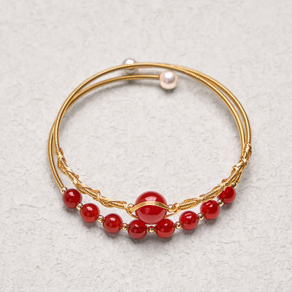 Satori Totem 14K Gold Filled Copper Natural Red Agate Beads Confidence Metal Cuff Bracelet Bangle