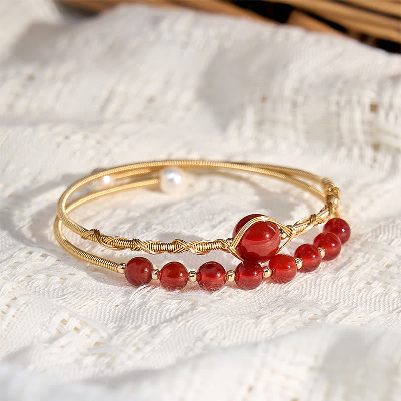Satori Totem 14K Gold Filled Copper Natural Red Agate Beads Confidence Metal Cuff Bracelet Bangle