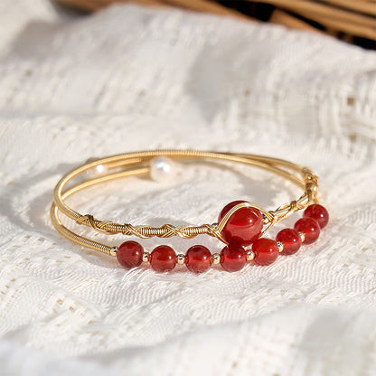 Satori Totem 14K Gold Filled Copper Natural Red Agate Beads Confidence Metal Cuff Bracelet Bangle