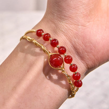 Satori Totem 14K Gold Filled Copper Natural Red Agate Beads Confidence Metal Cuff Bracelet Bangle