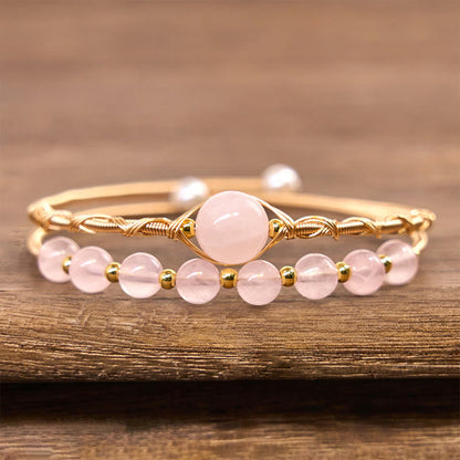 Satori Totem Natural Rose Quartz Love Healing Metal Cuff Bracelet Bangle