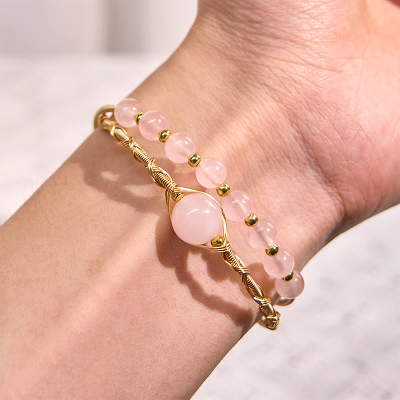 Satori Totem Natural Rose Quartz Love Healing Metal Cuff Bracelet Bangle
