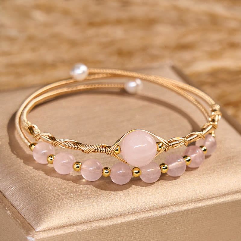 Satori Totem Natural Rose Quartz Love Healing Metal Cuff Bracelet Bangle
