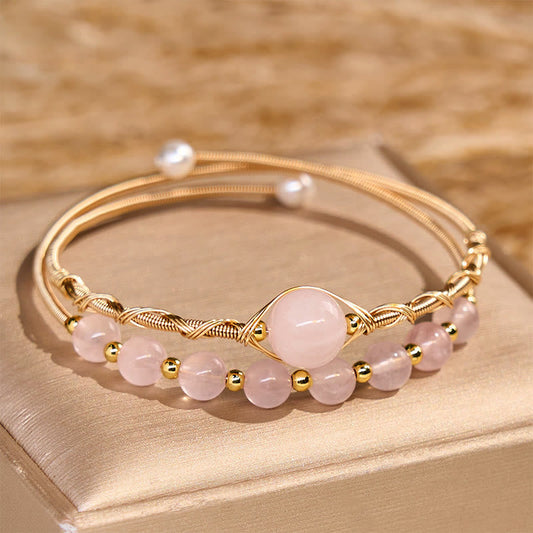 Satori Totem Natural Rose Quartz Love Healing Metal Cuff Bracelet Bangle