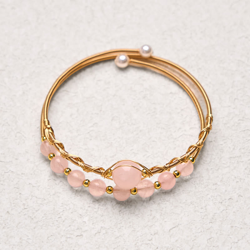 Satori Totem Natural Rose Quartz Love Healing Metal Cuff Bracelet Bangle