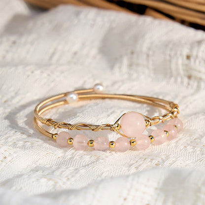 Satori Totem Natural Rose Quartz Love Healing Metal Cuff Bracelet Bangle