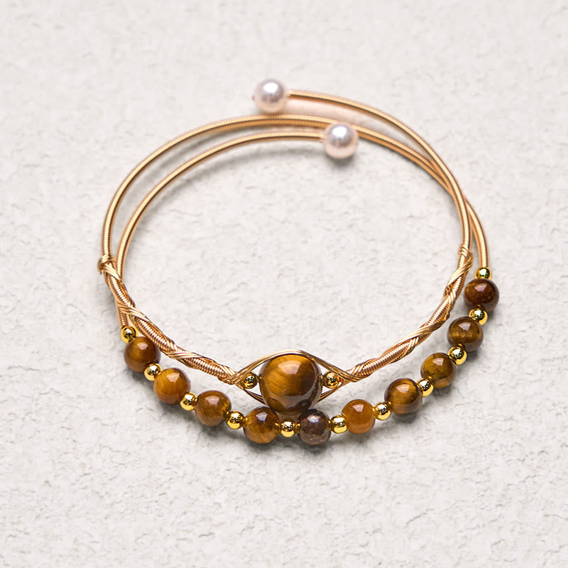 Satori Totem 14K Gold Filled Copper Natural Tiger Eye Protection Metal Cuff Bracelet Bangle