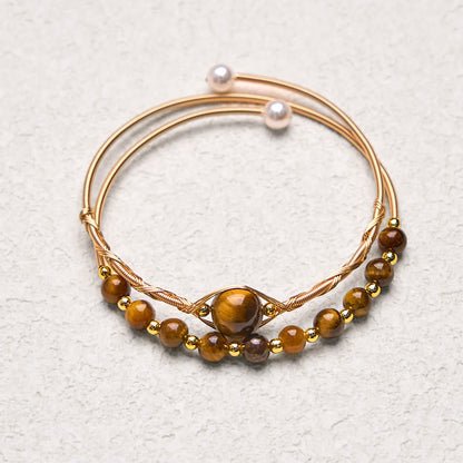 Satori Totem 14K Gold Filled Copper Natural Tiger Eye Protection Metal Cuff Bracelet Bangle