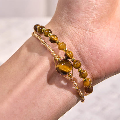 Satori Totem 14K Gold Filled Copper Natural Tiger Eye Protection Metal Cuff Bracelet Bangle