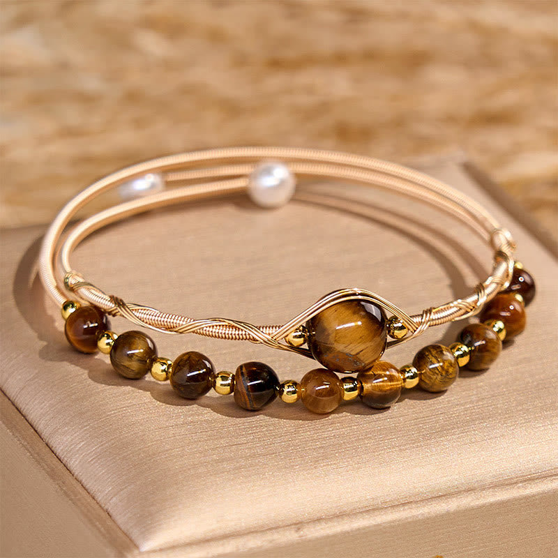 Satori Totem 14K Gold Filled Copper Natural Tiger Eye Protection Metal Cuff Bracelet Bangle