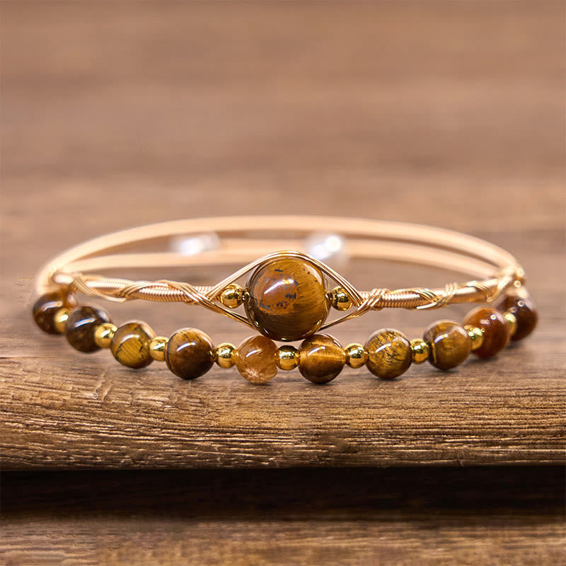 Satori Totem 14K Gold Filled Copper Natural Tiger Eye Protection Metal Cuff Bracelet Bangle