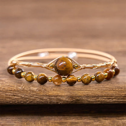 Satori Totem 14K Gold Filled Copper Natural Tiger Eye Protection Metal Cuff Bracelet Bangle