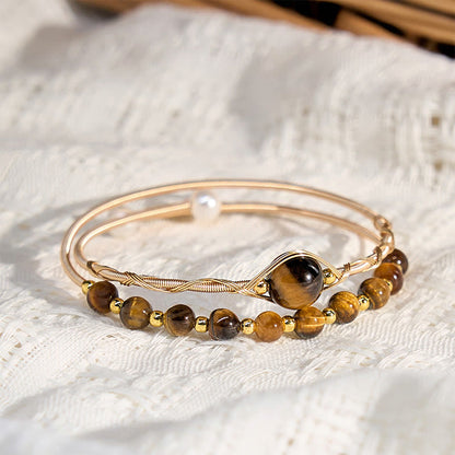 Satori Totem 14K Gold Filled Copper Natural Tiger Eye Protection Metal Cuff Bracelet Bangle