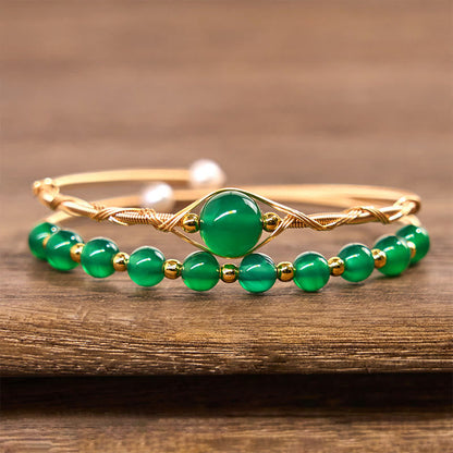 Satori Totem 14K Gold Filled Copper Natural Green Agate Power Metal Cuff Bracelet Bangle