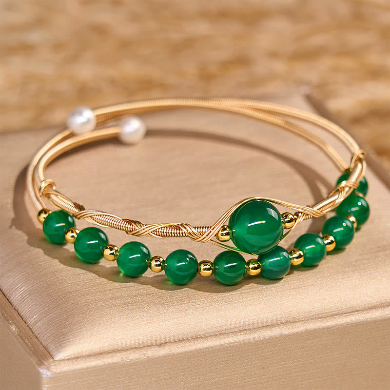 Satori Totem 14K Gold Filled Copper Natural Green Agate Power Metal Cuff Bracelet Bangle