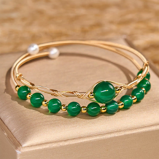 Satori Totem 14K Gold Filled Copper Natural Green Agate Power Metal Cuff Bracelet Bangle
