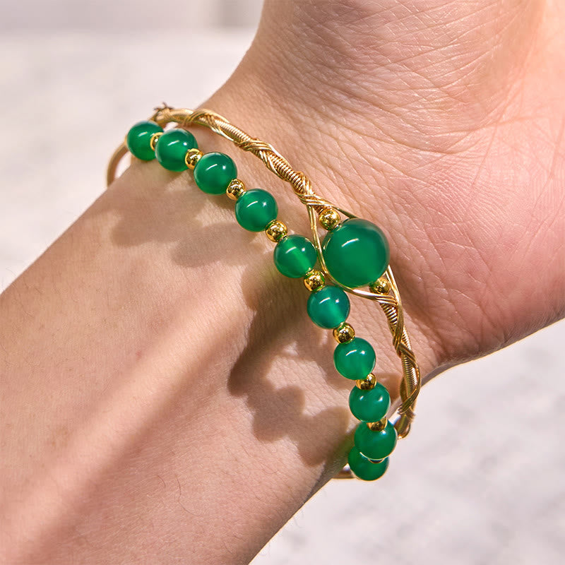 Satori Totem 14K Gold Filled Copper Natural Green Agate Power Metal Cuff Bracelet Bangle
