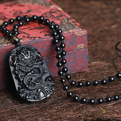 Satori Totem Natural Obsidian Dragon Protection Necklace