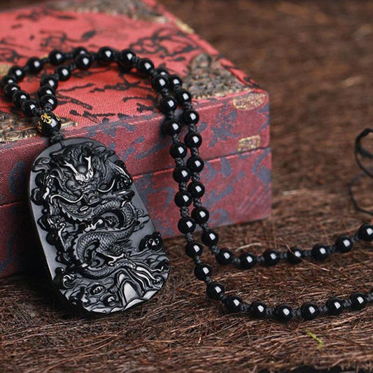 Satori Totem Natural Obsidian Dragon Protection Necklace