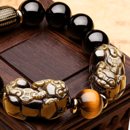 Satori Totem Natural Gold Obsidian Double Pixiu Bracelet