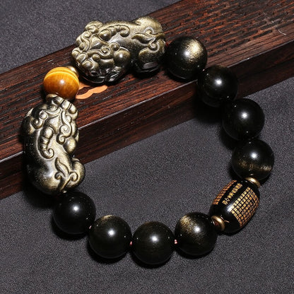 Satori Totem  Black Obsidian/Gold Obsidian PiXiu  Heart Sutra Protection Bracelet