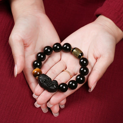 Satori Totem  Black Obsidian/Gold Obsidian PiXiu  Heart Sutra Protection Bracelet