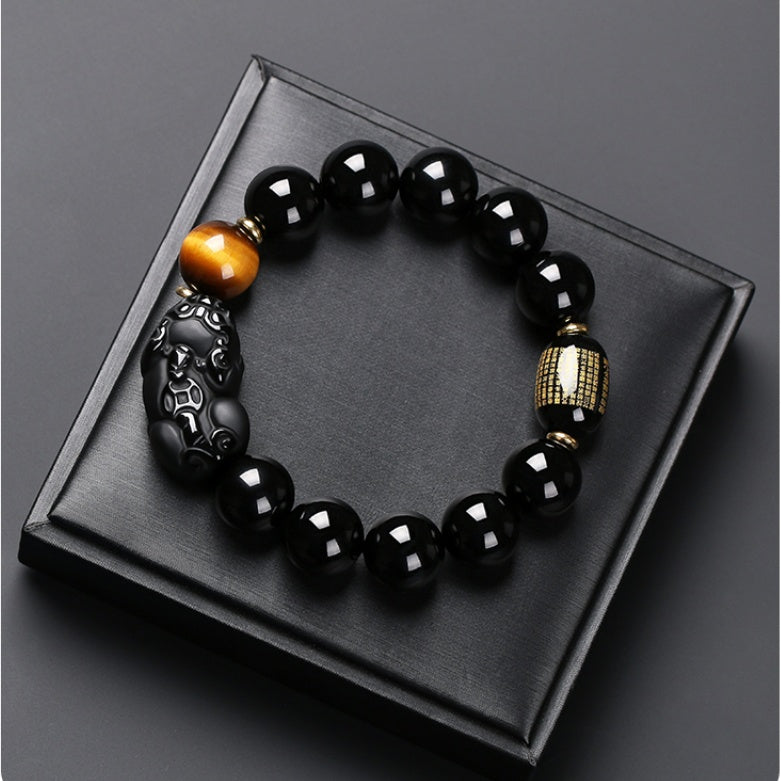 Satori Totem  Black Obsidian/Gold Obsidian PiXiu  Heart Sutra Protection Bracelet