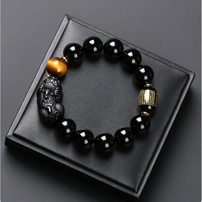 Satori Totem  Black Obsidian/Gold Obsidian PiXiu  Heart Sutra Protection Bracelet