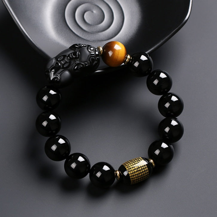 Satori Totem  Black Obsidian/Gold Obsidian PiXiu  Heart Sutra Protection Bracelet